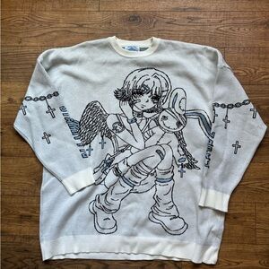Starry Uff Japanese Anime MangaWhite Graphic Sweater with Angel and Bunny Design